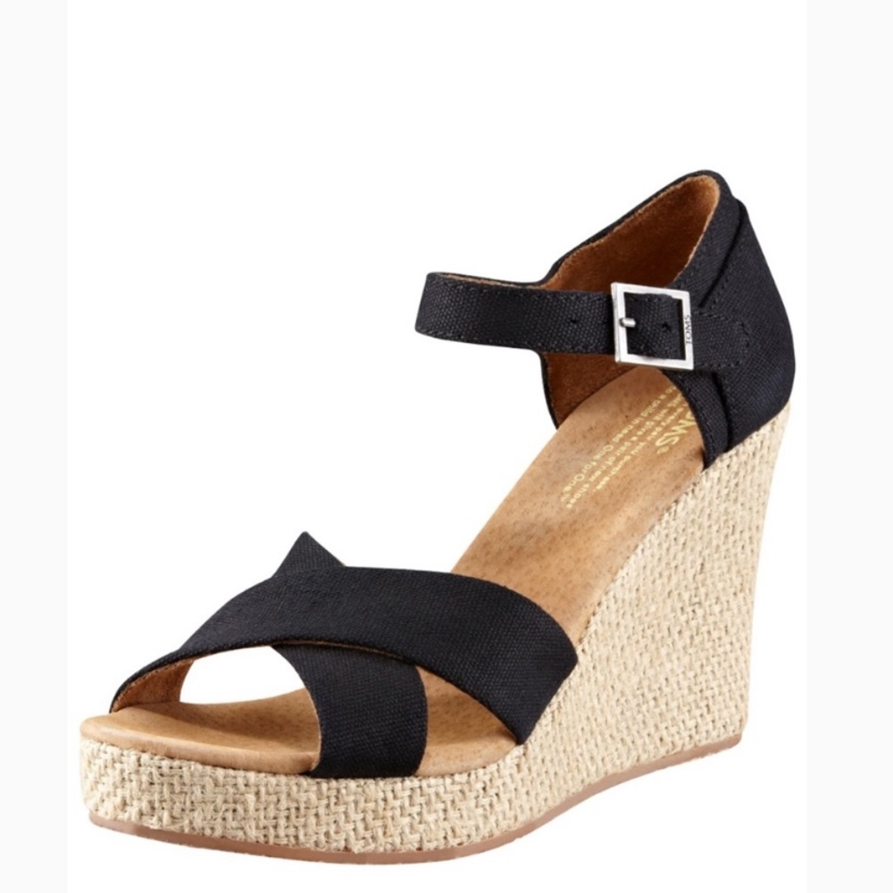 Tom’s Black Canvas Espadrille Wedge Sandal